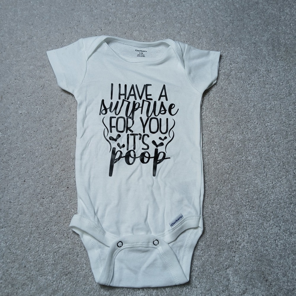I Have A Suprise Its Poop Baby Infant White Bodysuit Clothes Shower Gift 0-3m